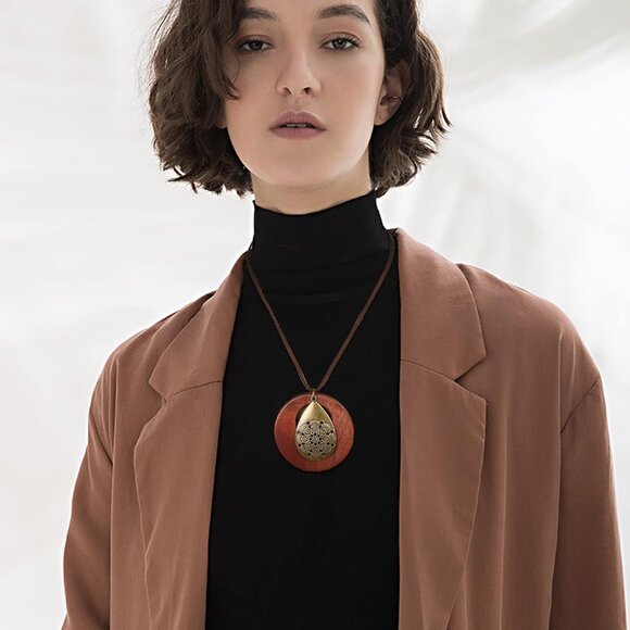 Boho 6-Pc Long Pendant Necklaces Set for Women Vintage Wood Feather Peace - Picture 5 of 7